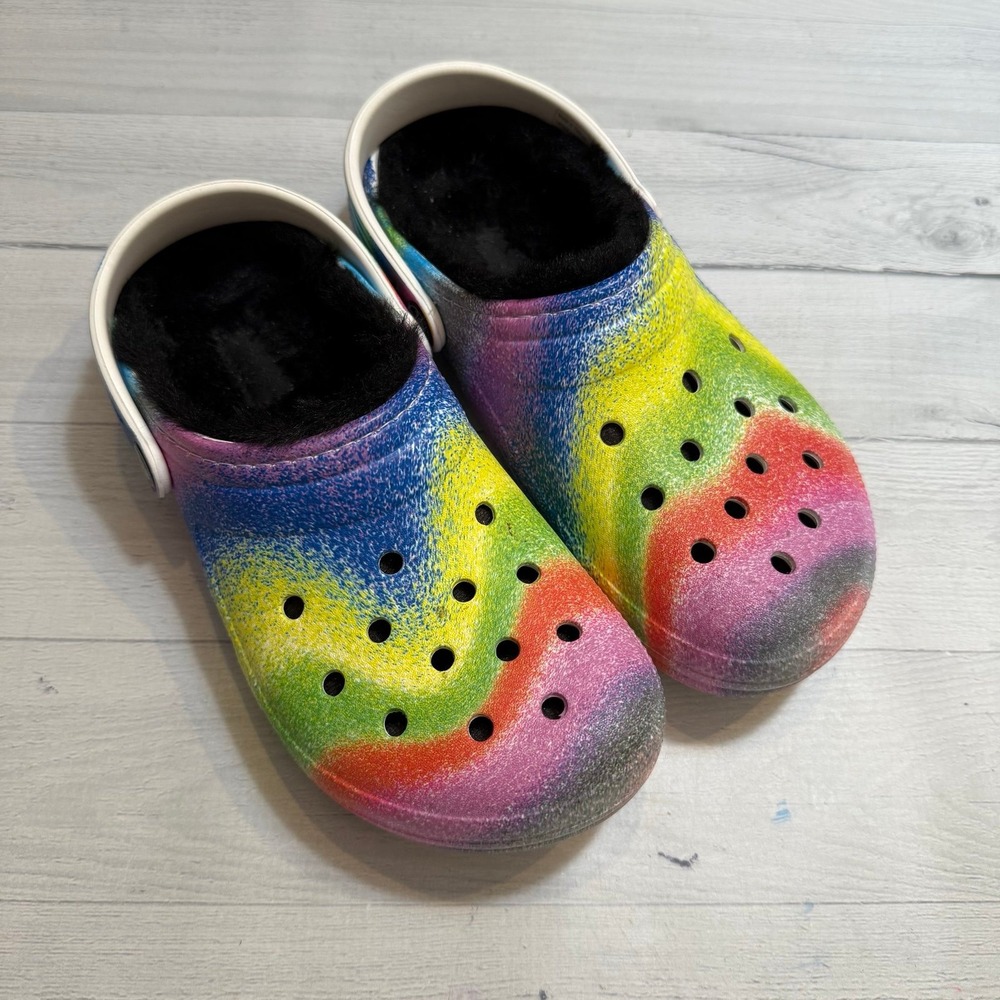 Crocs Classic Unisex White/Multi Spray Dye Comfort Lined Clog juniors size 4